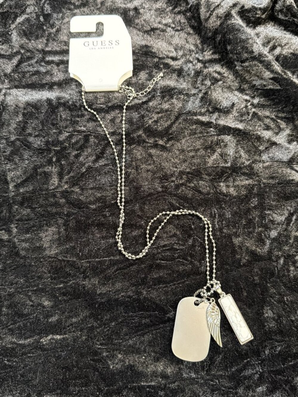 GUESS Dog Tag & Angel Wing Charm Necklace Silver Tone NWT